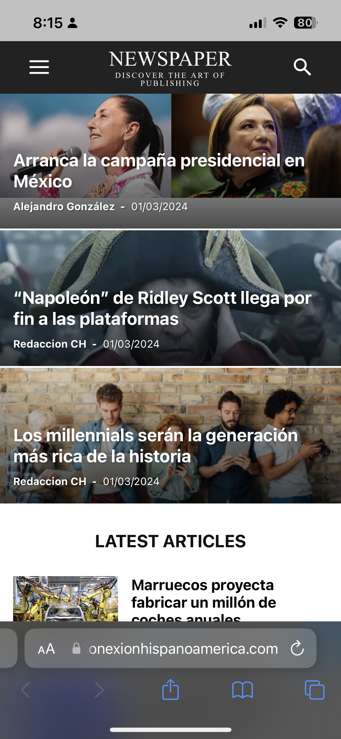 screenshot of the site from a mobile